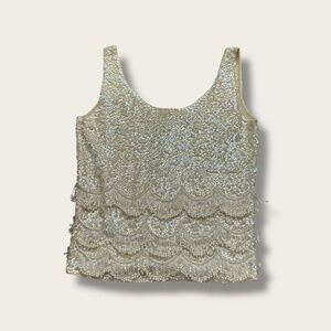 Vintage Hand Beaded 100% Wool Sleeveless Tank Sweater Top Zip Ivory Cream Gatsby